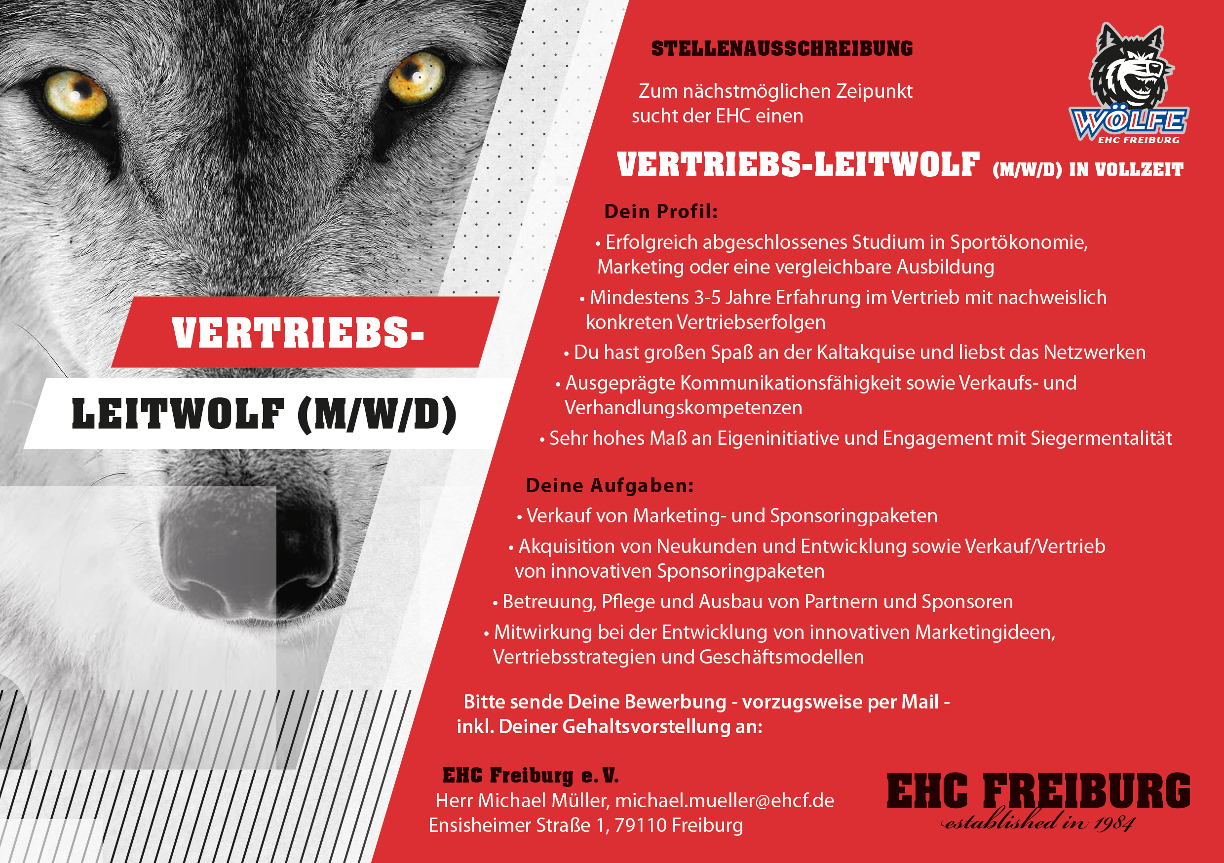 EHC Freiburg Stellenanzeige Vertrieb